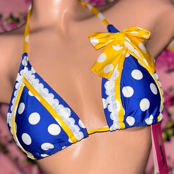 Betsey Johnson yellow blue bow polka dot bikini skirted bottom rockabilly pinup - Picture 4 of 9
